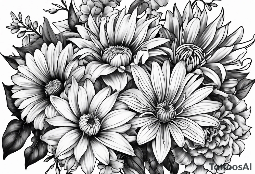 Asters, roses, Lillies, chrysanthemums tattoo idea