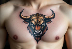 Gladiator Bull – Strong bull with armor helm over its forehead, fur in burnished bronze and dusty brown, and war paint streaked across the eyes. tattoo idea