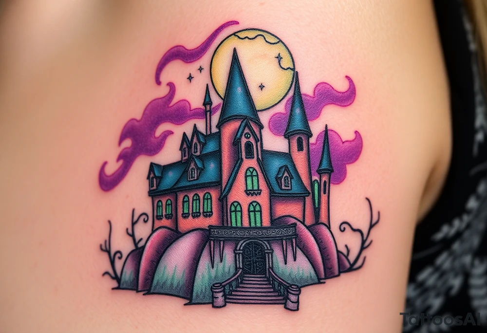 Tim Burton’s sleeping beauty’s haunted castle is abandoned and dripping with muted reds, dusty pinks, and eerie green glow.purple and cyan smokey clouds swirl in the crescent moonlit sky thats sprinkled with stars tattoo idea tattoo idea