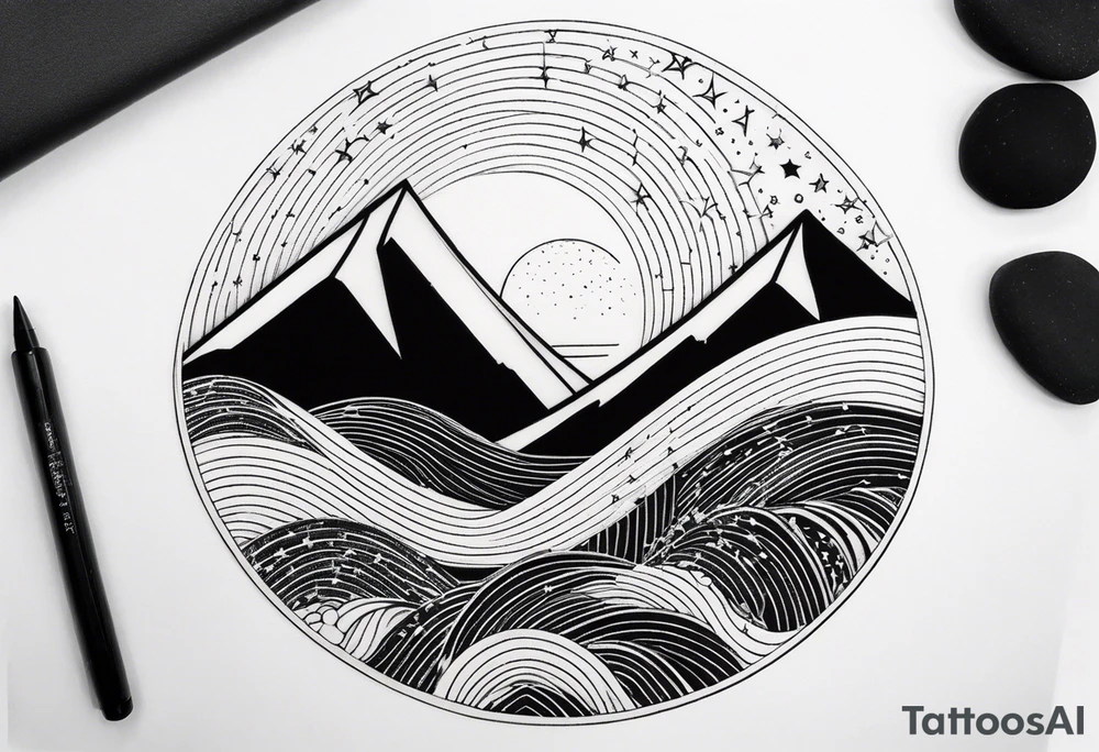 Mountain one Peak, Peak surrounded woth semi circle dashed Line, in semi circle two littel fine Stars coloured, waves overlapping in Side, Open geometrical Forms as frame tattoo idea