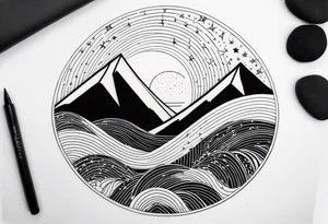 Mountain one Peak, Peak surrounded woth semi circle dashed Line, in semi circle two littel fine Stars coloured, waves overlapping in Side, Open geometrical Forms as frame tattoo idea