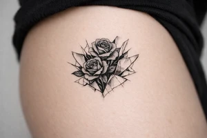 Close-up of dark roses bursting through shattered mirror shards, moody chiaroscuro lighting. tattoo idea