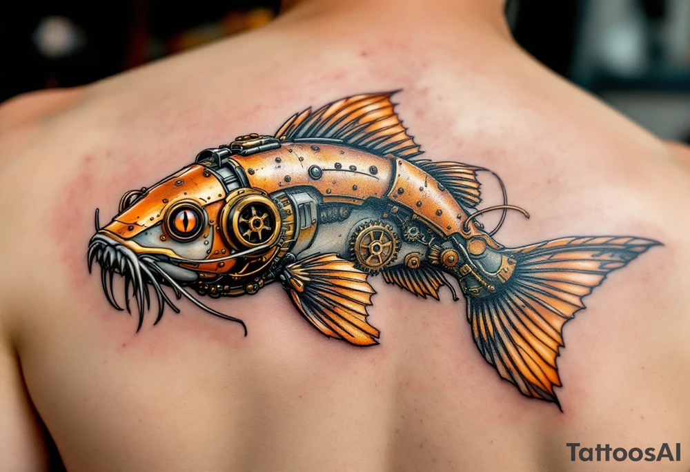 Steampunk Catfish – A mechanical version with bronze and copper body plates, gear-like whiskers, and a rusted tail, blending fish and machine. tattoo idea