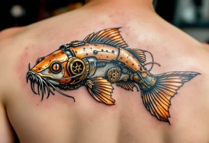 Steampunk Catfish – A mechanical version with bronze and copper body plates, gear-like whiskers, and a rusted tail, blending fish and machine. tattoo idea