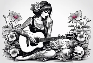 female skeleton listening to a male skeleton play guitar. The female skeleton has a ahibiscus flower behind here ear and is sitting on a korean kimchi pot. tattoo idea