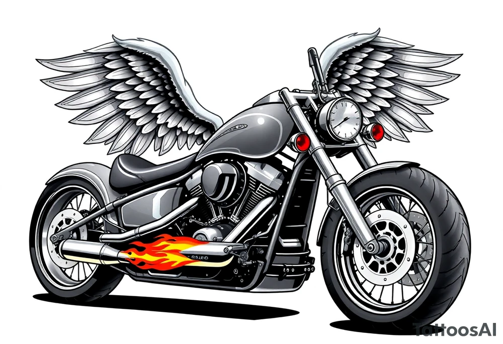 Low rider grey motorcycle, big muffler pipes with flames, angel wings, driving away, no person tattoo idea