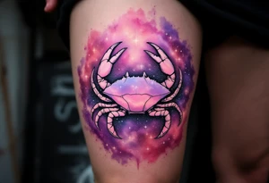 A pale crab silhouette floats within an ethereal pink and violet galaxy containing the Cancer stars. tattoo idea