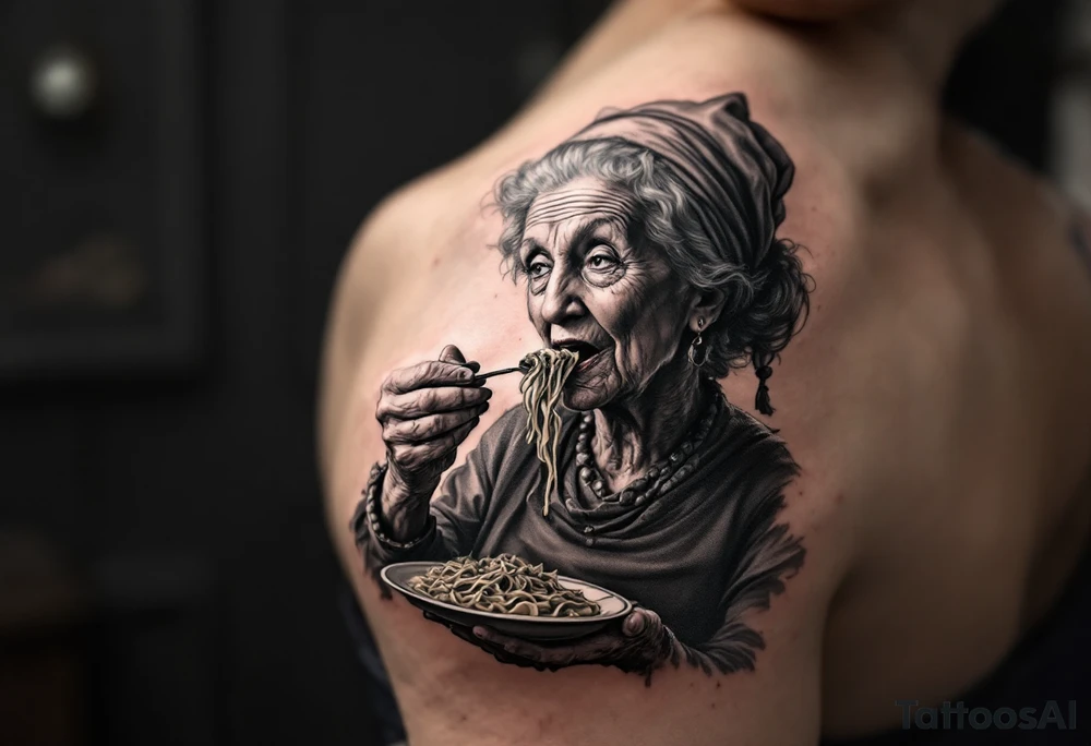 Arm tattoo: An old lady eating a plate of pasta tattoo idea