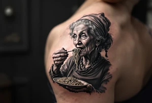 Arm tattoo: An old lady eating a plate of pasta tattoo idea