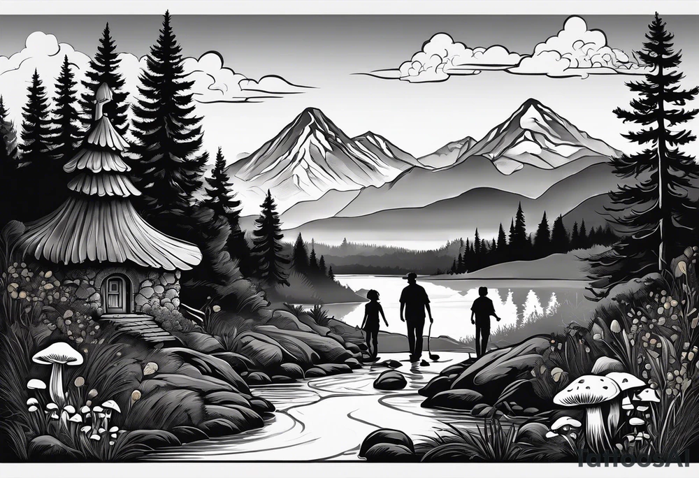 Family silhouette with a father, a mother, older son, older daughter, and small daughter foraging mushrooms with mountains and creek in background tattoo idea