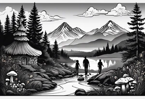 Family silhouette with a father, a mother, older son, older daughter, and small daughter foraging mushrooms with mountains and creek in background tattoo idea