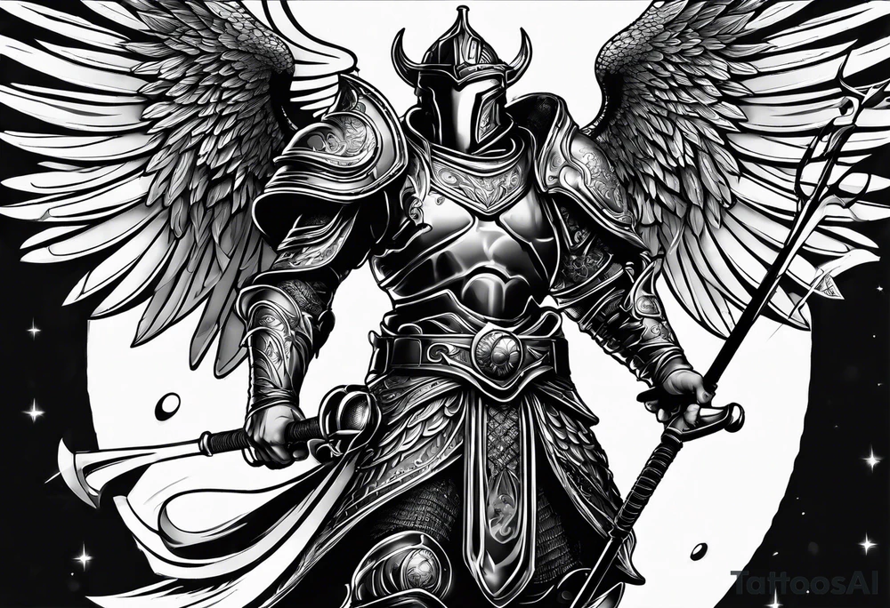 ares figure, angel, fishing rod, floorball ball tattoo idea