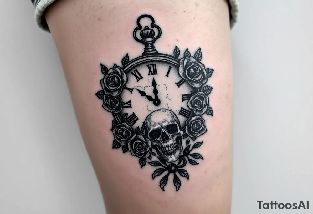 Broken Clock face 11:43 as set time. With 7 roses and skull looking to the clock feminine tattoo idea