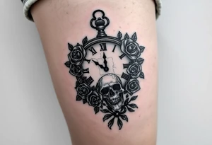 Broken Clock face 11:43 as set time. With 7 roses and skull looking to the clock feminine tattoo idea