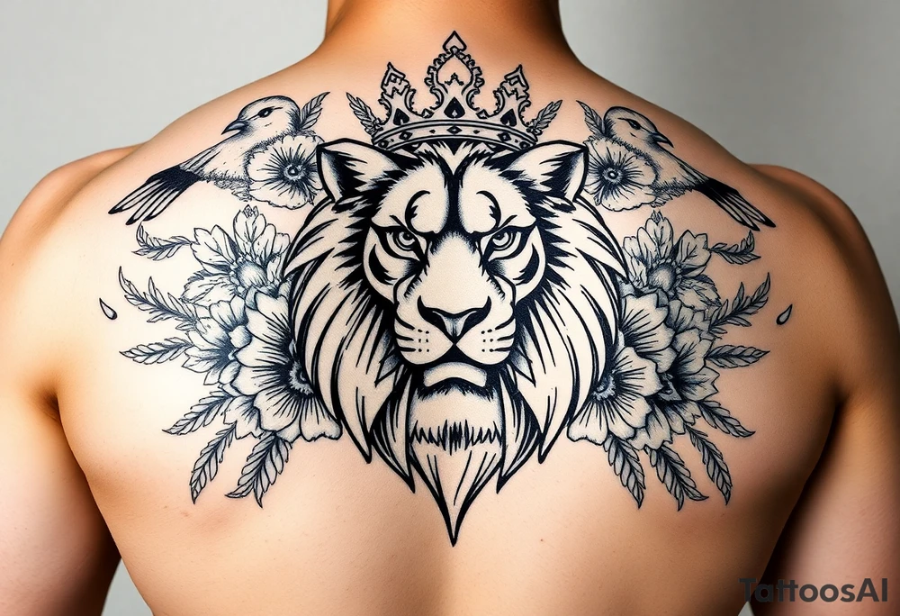 powerful majestic lion with a crown, surrounded by floral ornaments and birds tattoo idea