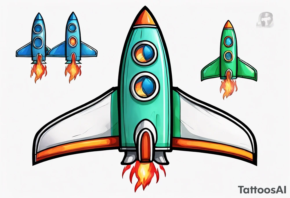 Super simple cartoon rocket ship with a round window, 3 fins, and fire coming out the bottom

Add some shading and detail to make less basic

Rocket should be green with blue accents tattoo idea