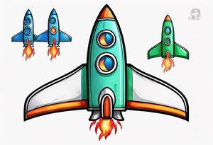Super simple cartoon rocket ship with a round window, 3 fins, and fire coming out the bottom

Add some shading and detail to make less basic

Rocket should be green with blue accents tattoo idea
