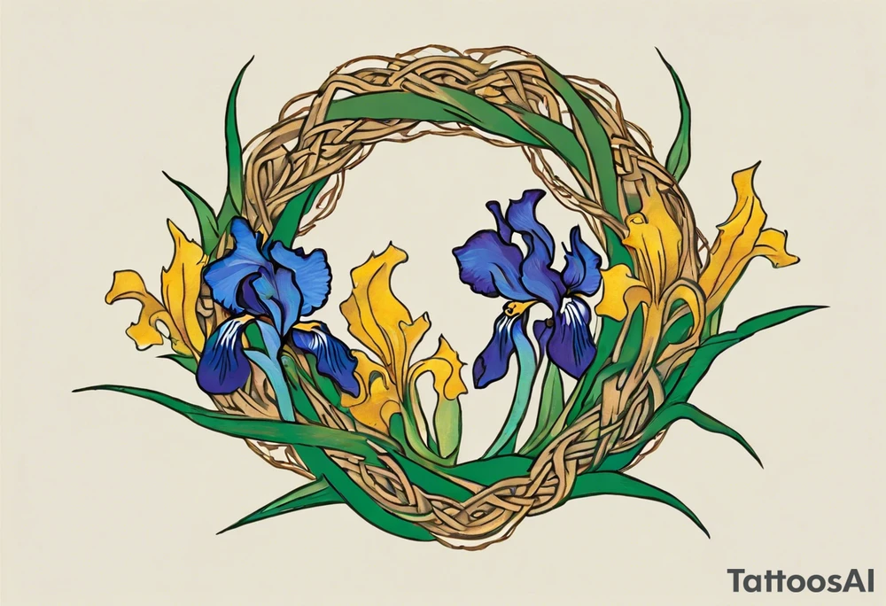 Create a small colorful Vincent van Gogh Irises tattoo in the form of a crescent, with vines or Celtic knots gracefully intertwining at a central point in the middle of the wreath.  In the middle of the wreath are mountains and other items found in New Mexico. Ensure that the design avoids the appearance of a bush and maintains a more structured and deliberate arrangement. The intended placement is on the upper chest. The overall design should be small in size while maintaining a delicate and artistic aesthetic. Pay attention to the graceful flow of the vines and the placement of the irises to achieve a refined and elegant look. tattoo idea