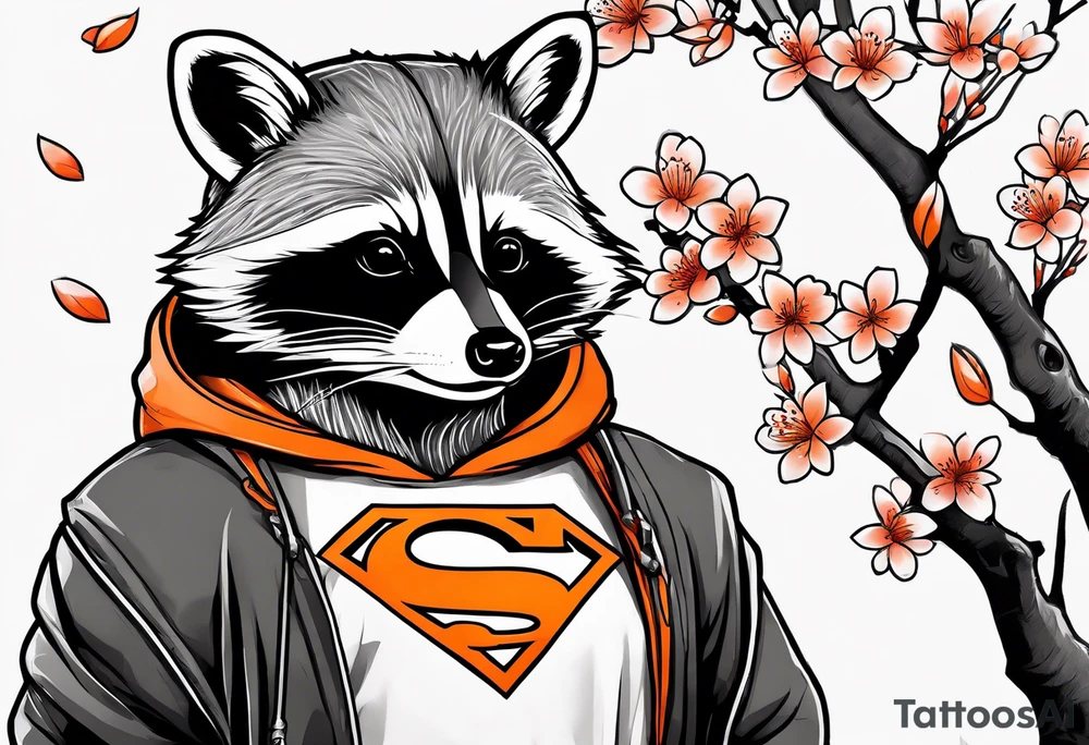 raccoon wearing a black and white Superman hoodie and orange Japanese cherry blossoms tattoo idea