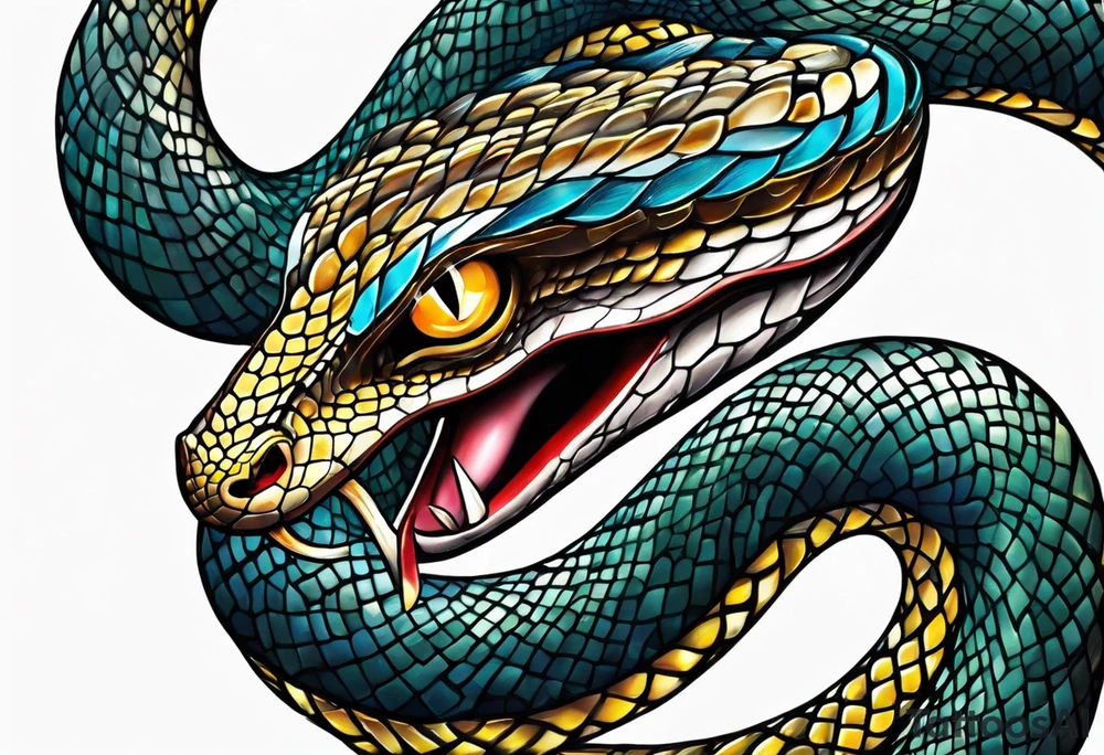 Snake with an evil eye in its mouth tattoo idea
