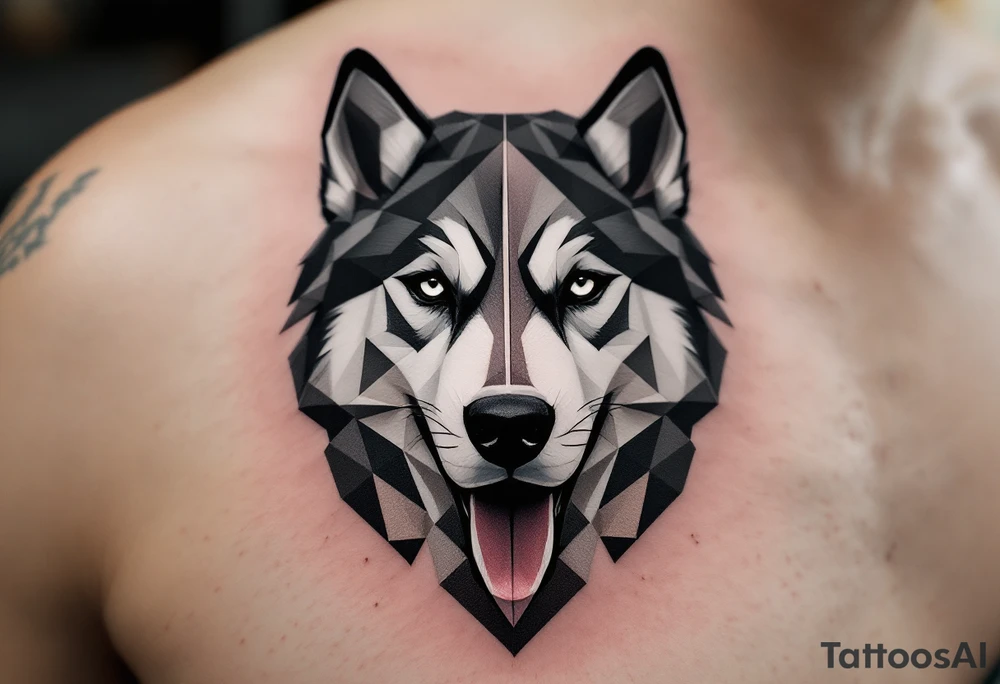 Geometric Husky – Symmetrical face split into gray fur realism on one side, abstract angular shapes on the other, mostly in black and cool gray ink. tattoo idea