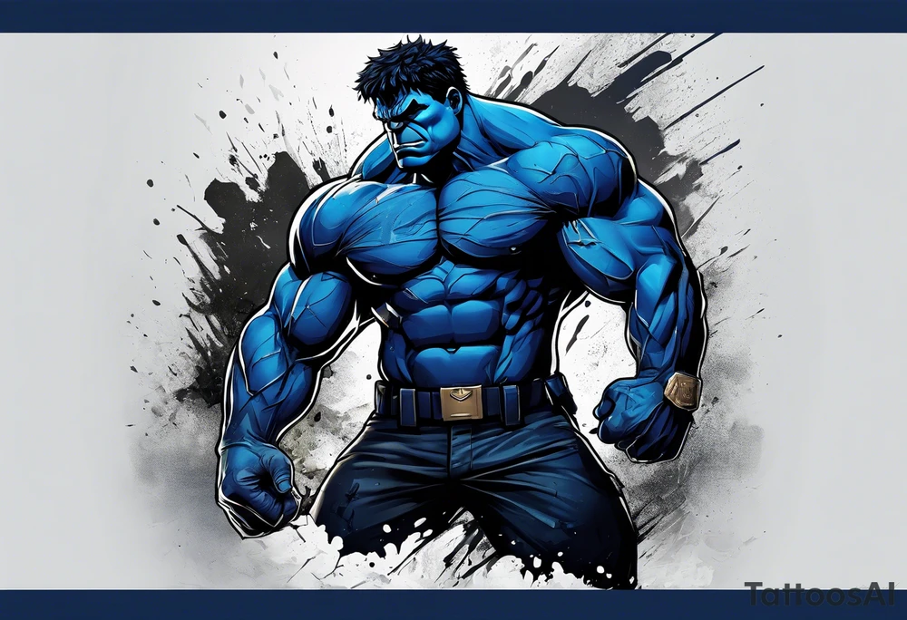 The hulk, wearing a dark blue police uniform. The uniform is tattered on the arms and knees. tattoo idea