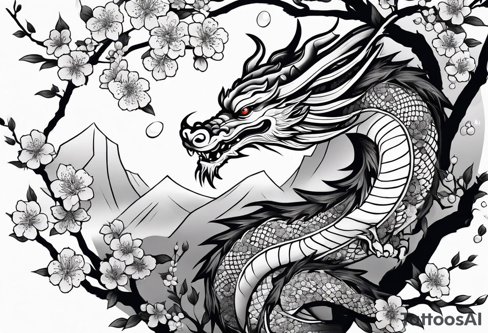 Japanese dragon, cherry blossoms, full sleeve tattoo idea