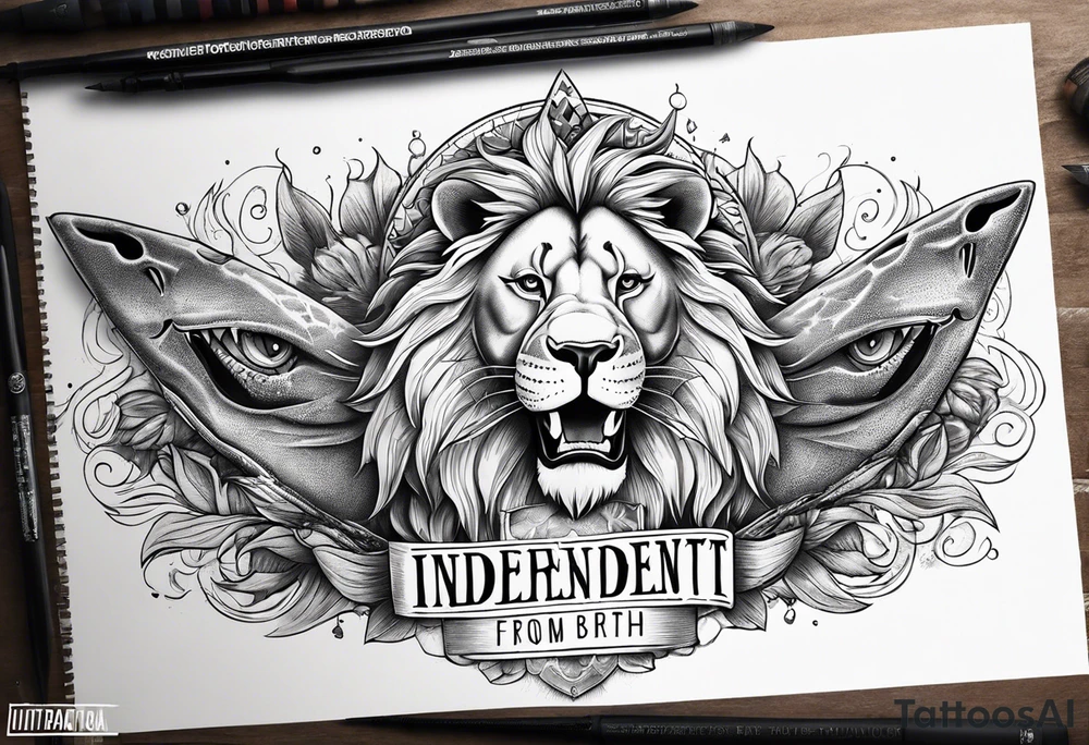 Lion shark mix back tattoo with the words “independent from birth” tattoo idea