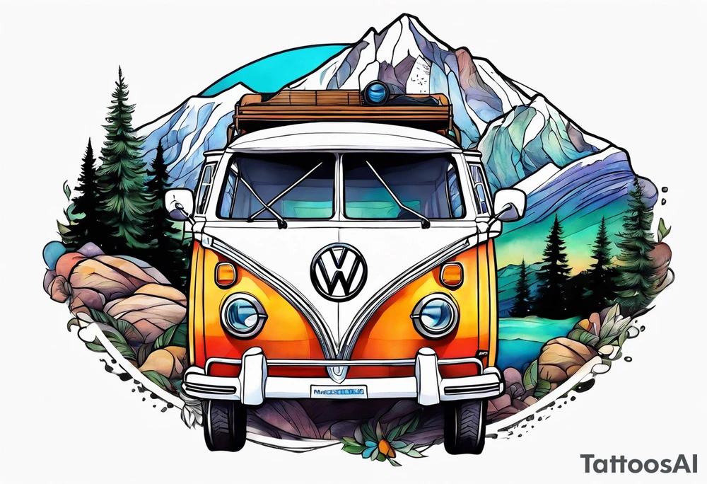 Compass, mountains and VW Komi campervan tattoo idea