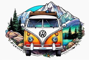 Compass, mountains and VW Komi campervan tattoo idea