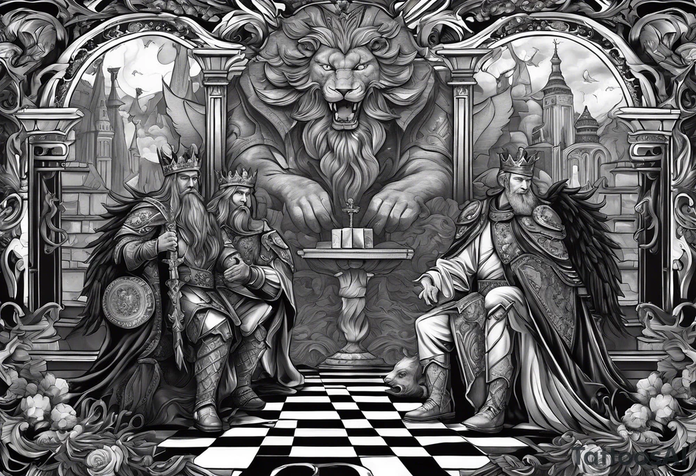 Illustrate a powerful scene where the angelic king checkmates the demonic king, symbolizing the triumph of good over evil in the strategic game of life. tattoo idea