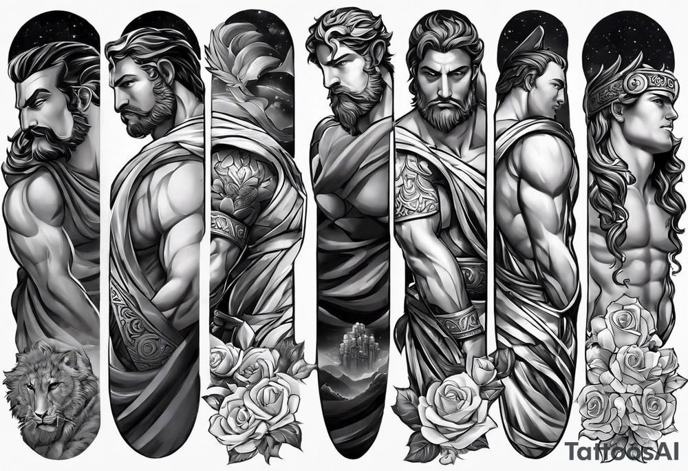 Im a businessman and I had a very long and hard time, chasing my dreams, not giving up, hard work, dedication, focus, heart broken, recovered, pushing hard, got broke and gained again. I like greek gods and I want a full sleeve tattoo exactly telling me the story of my life tattoo idea