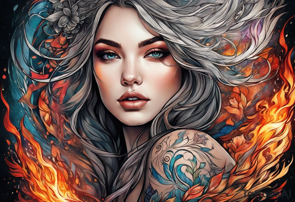 Resurrection Beautiful Woman walking through fire and chaos to inner peace and self-love  ethereal tattoo idea