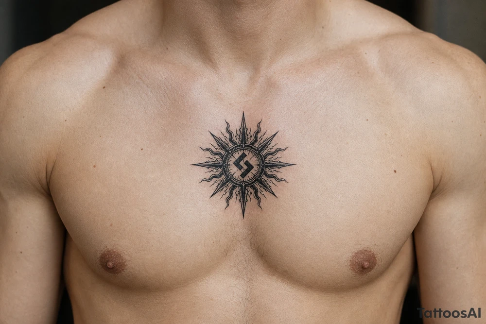 sun with strength symbol in the middle of the sun tattoo idea