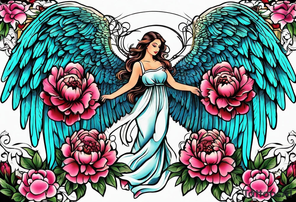 beautiful angel wings with colorful, peonies. beautiful flilligree in the background , full color, traditional old school , white background tattoo idea