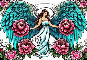 beautiful angel wings with colorful, peonies. beautiful flilligree in the background , full color, traditional old school , white background tattoo idea