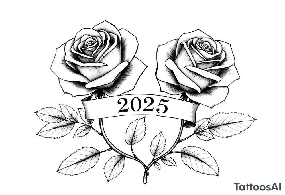 two beautiful large rose buds, one larger than the other, with many leaves next to the rose buds, with one sitting higher than the other. Include a banner connecting the two roses with the year "2025" on it.   Use dark outlines with little shading. The two stems should be short, not long, and connect and join into one stem, whimsically curved or twisted - not straight down. tattoo idea
