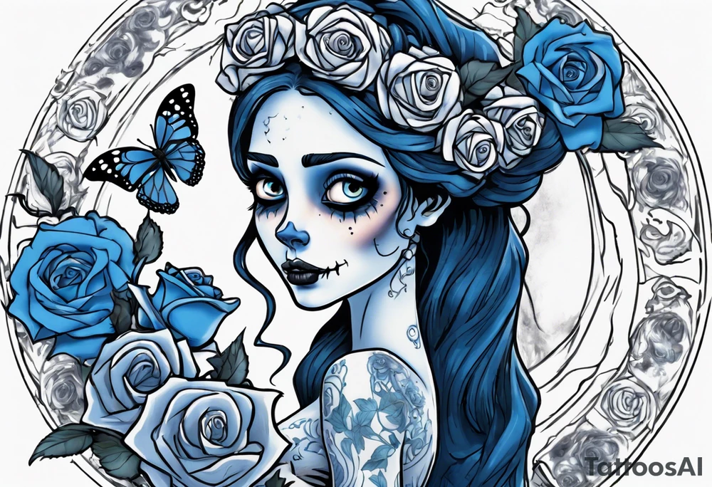 corpse bride Emily wearing a wedding dress. the vail on her head. she is holding a bouquet of blue roses in the middle of the bouquet  there is one white daisy. there is one blue butterfly flying around her. A full moon on the background. tattoo idea