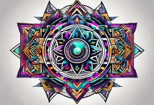 A tattoo design featuring geometric patterns and symbols inspired by psytrance and techno music, creating a unique and futuristic look. tattoo idea