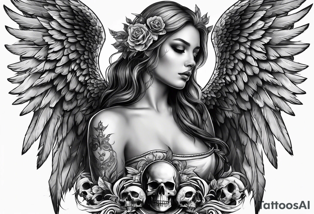 angel with skull head tattoo idea