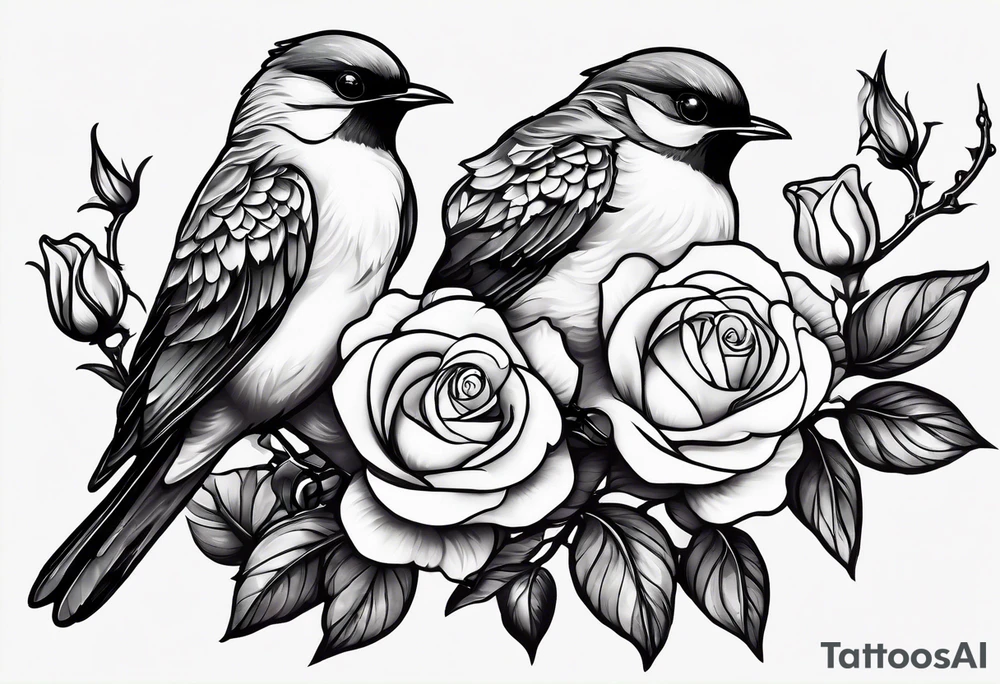 Two birds sitting on a stem of White roses, on bird is about to land next to them on the stem. tattoo idea