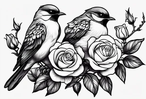 Two birds sitting on a stem of White roses, on bird is about to land next to them on the stem. tattoo idea