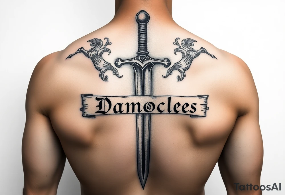 Please generate a tattoo style as close to reality as possible.

The sword should cover my back from top to bottom, passing over the spine with great relief and detail, surrounded by a lengthwise scroll written in fine italic lettering “Sword of Damocles”. tattoo idea