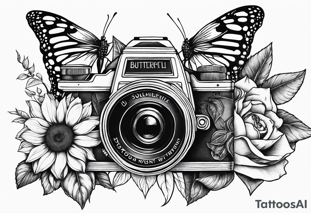 Butterfly, sunflower, camera, book, flower rose tattoo idea
