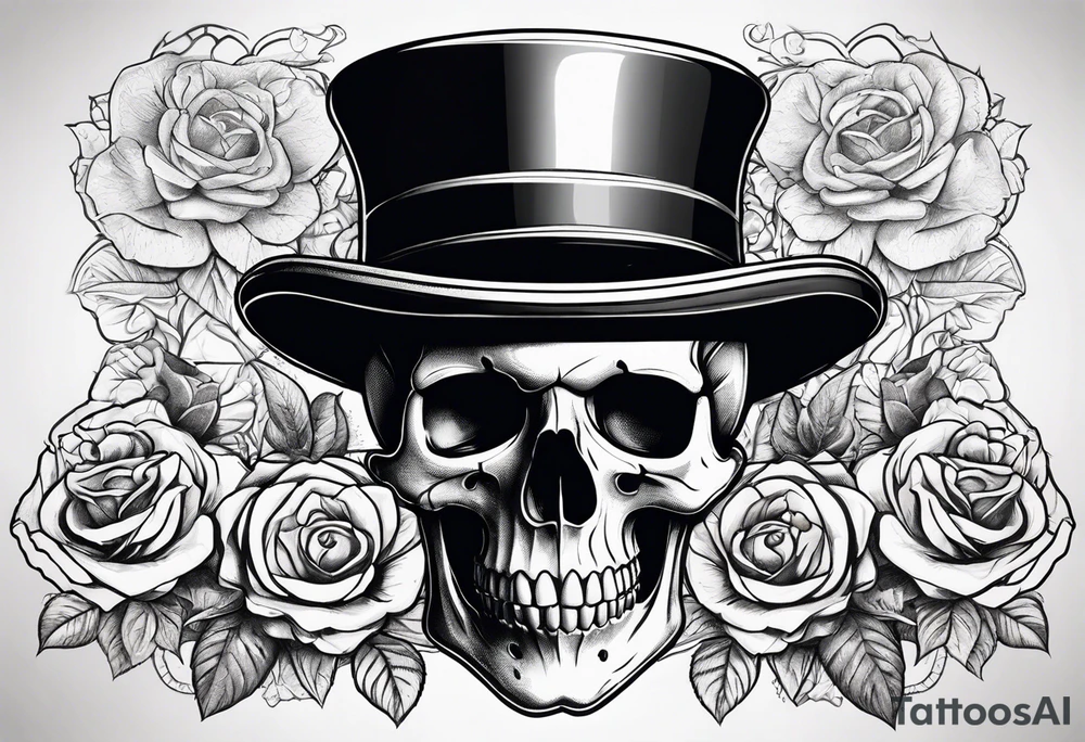 Gothic skull in top hat wrapped in roses tattoo idea