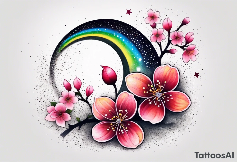Cherry blossoms and stars in a rainbow of colors tattoo idea