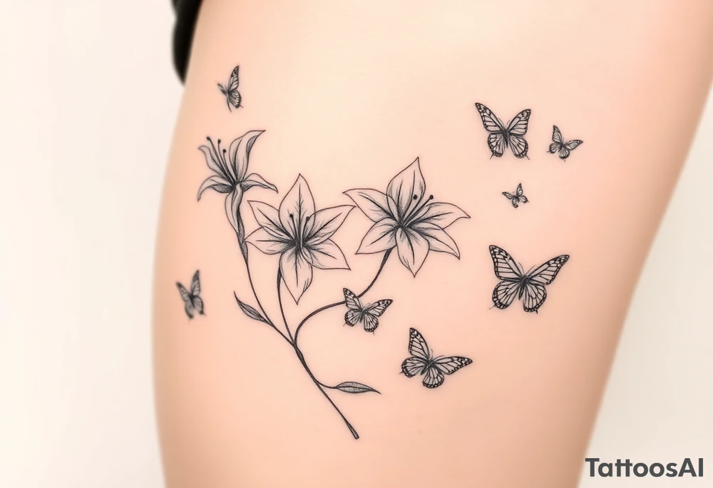 5 to 7 lily blooms in a natural stager with 2 that have petals floating off that gradually dissolve into butterflies in various stages of flight tattoo idea