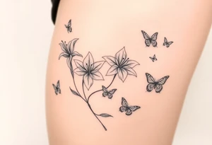 5 to 7 lily blooms in a natural stager with 2 that have petals floating off that gradually dissolve into butterflies in various stages of flight tattoo idea
