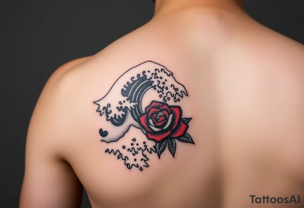 Shoulder tattoo of the Great Wave of Kanagawa in black and white with a beautiful red rose in the space where the wave curves tattoo idea
