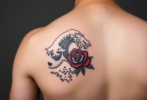 Shoulder tattoo of the Great Wave of Kanagawa in black and white with a beautiful red rose in the space where the wave curves tattoo idea